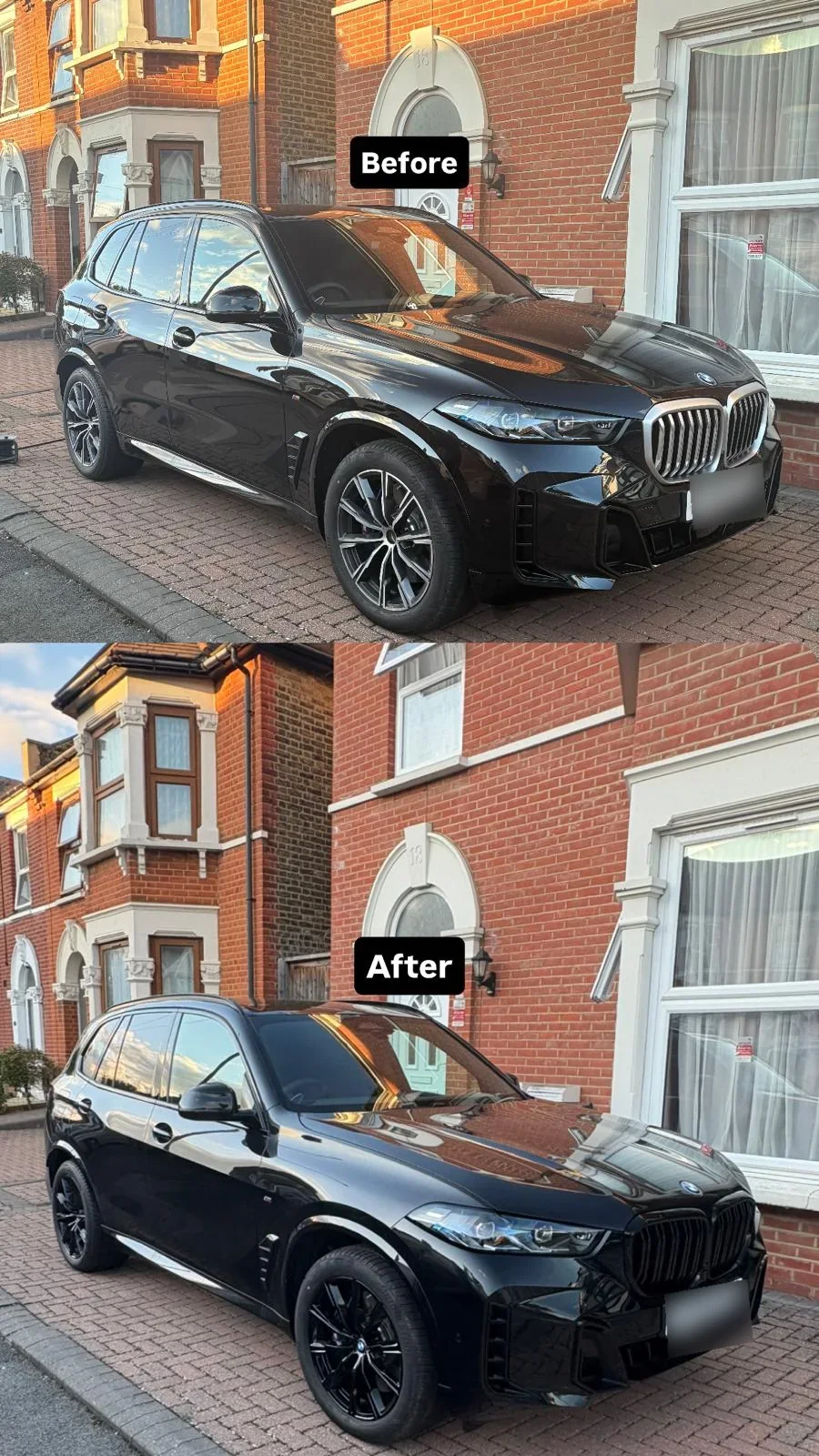 Before and after comparison of a black BMW wheel refurbishment