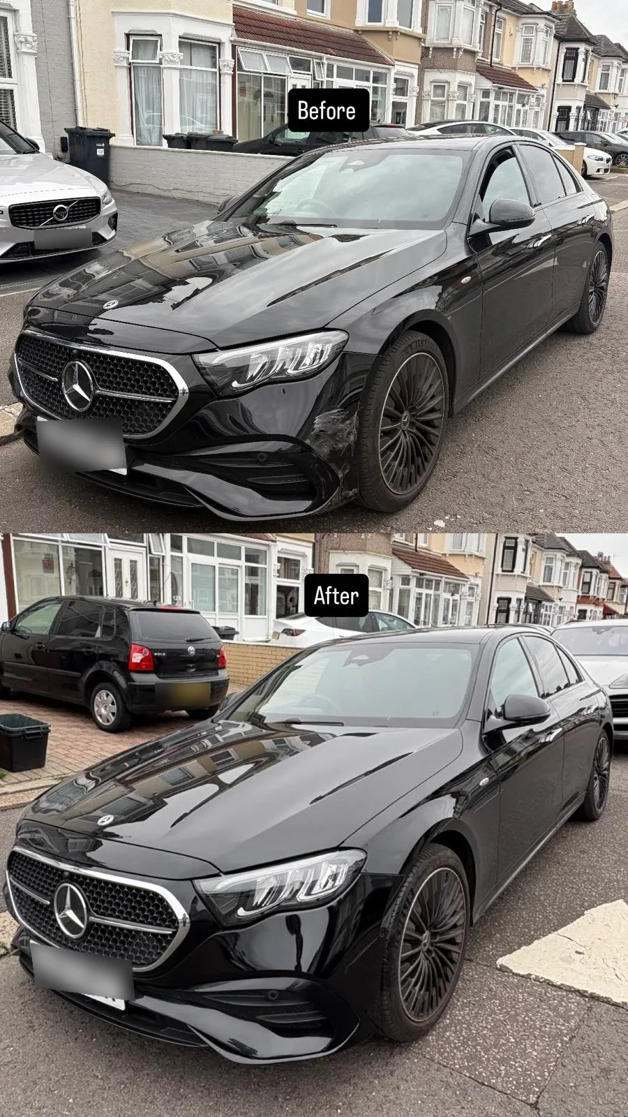 Before and after comparison of a black Mercedes E-Class front bumper repair